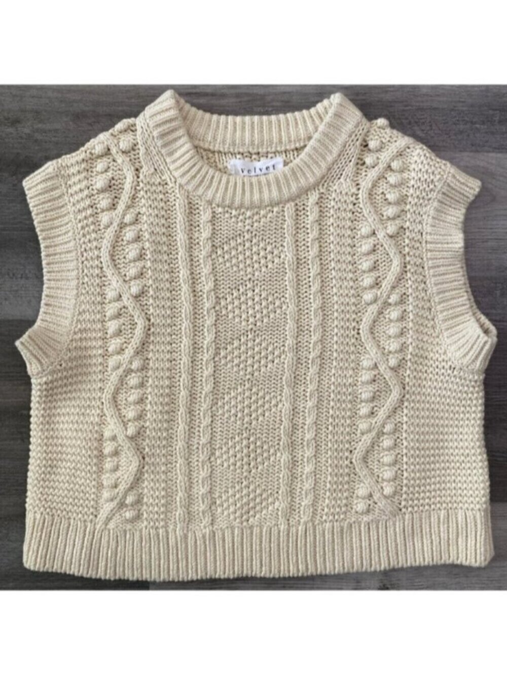 Velvet by Graham Spencer Sweater Womens XS IVRY Vest Knit Cable Cotton Crewneck